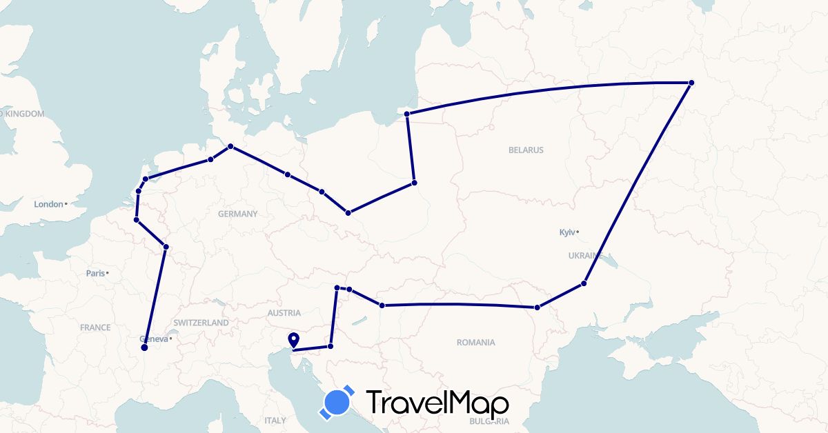 TravelMap itinerary: driving in Austria, Belgium, Germany, France, Croatia, Hungary, Italy, Luxembourg, Moldova, Netherlands, Poland, Russia, Slovakia, Ukraine (Europe)